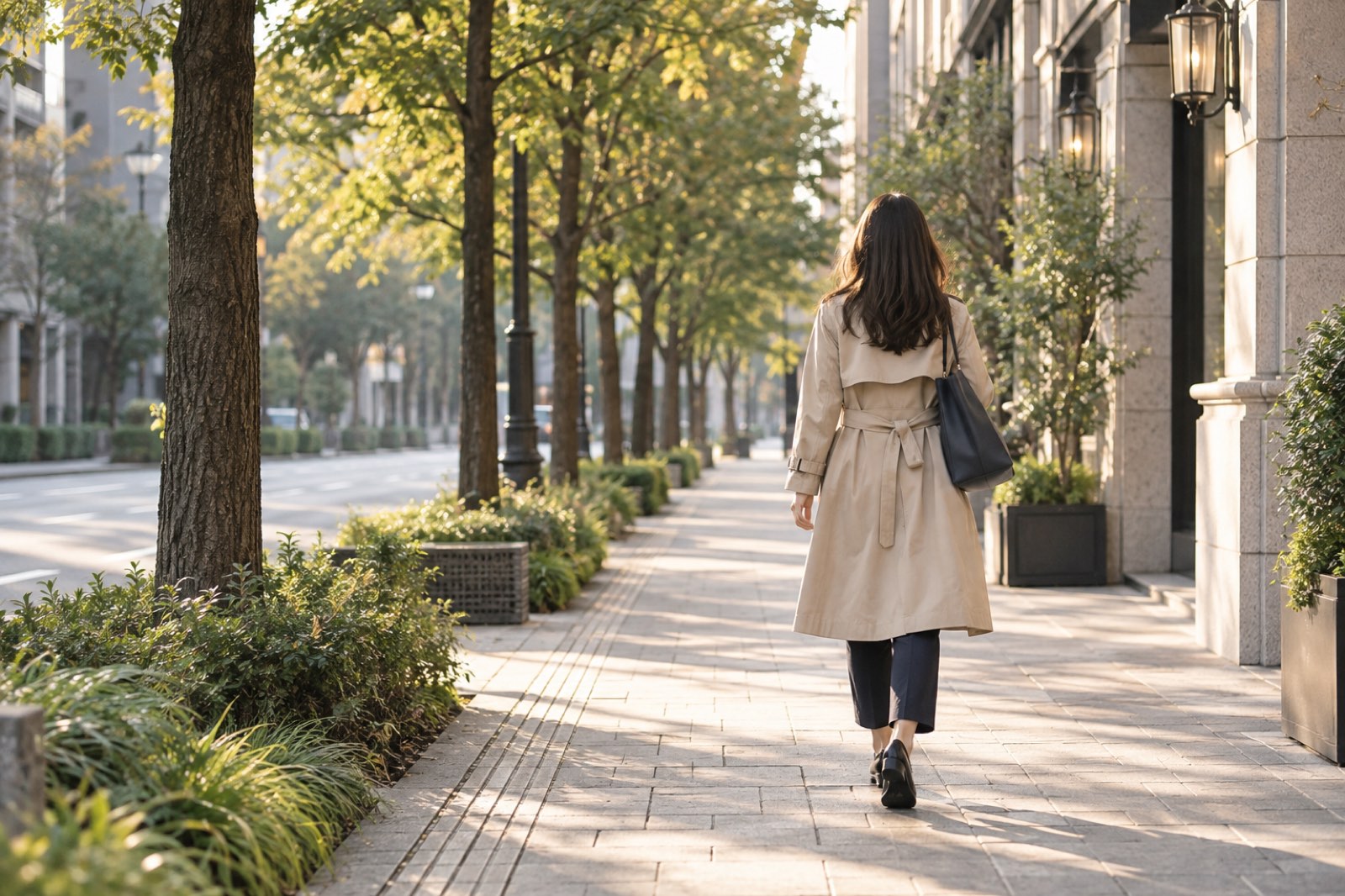 午後のやわらかな光の並木道を、ベージュのトレンチコートで歩いていく若い女性の後ろ姿