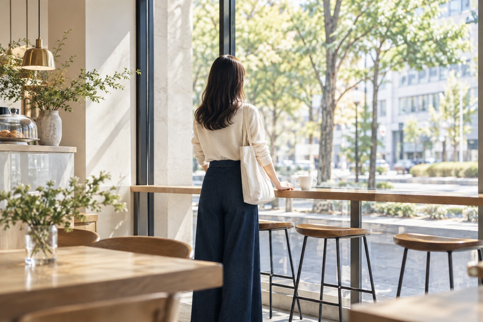 朝の光が入る街のカフェで、窓の外の並木を眺めて立つ若い女性の後ろ姿