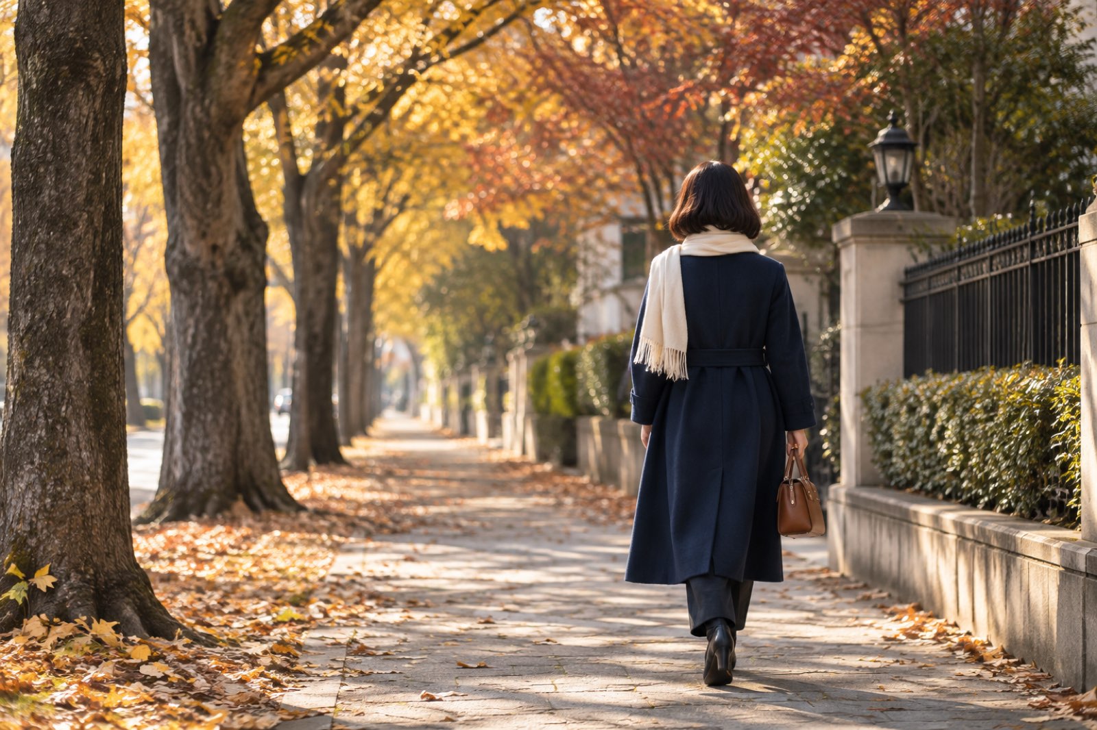 紺のコートに生成りのストールを巻き、秋の並木道を落ち着いた足取りで歩く女性の後ろ姿
