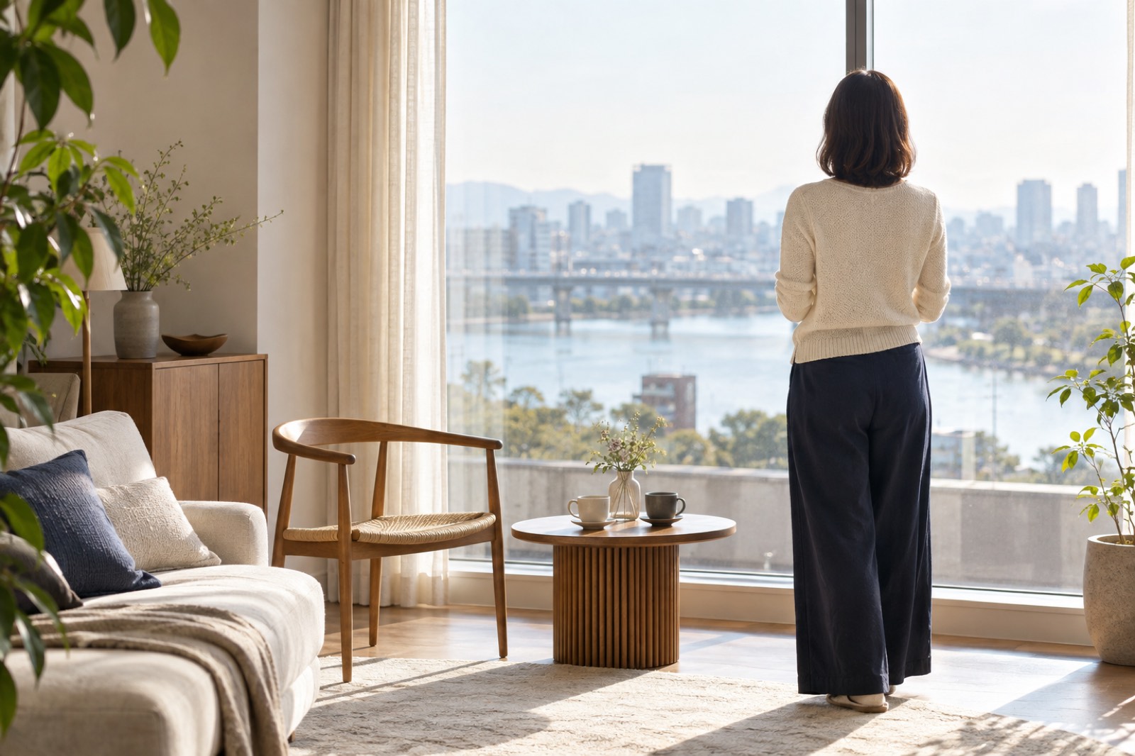 朝の光が入る整ったリビングで、窓辺に立つ女性の後ろ姿と、小さな丸テーブルに置かれた二つのカップ
