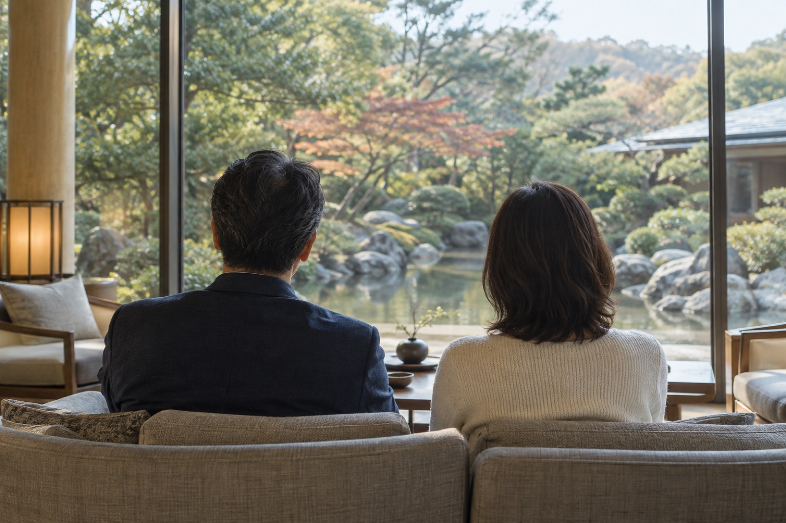日本庭園の見えるラウンジの窓辺で、並んで外を眺める白髪まじりの男女の後ろ姿