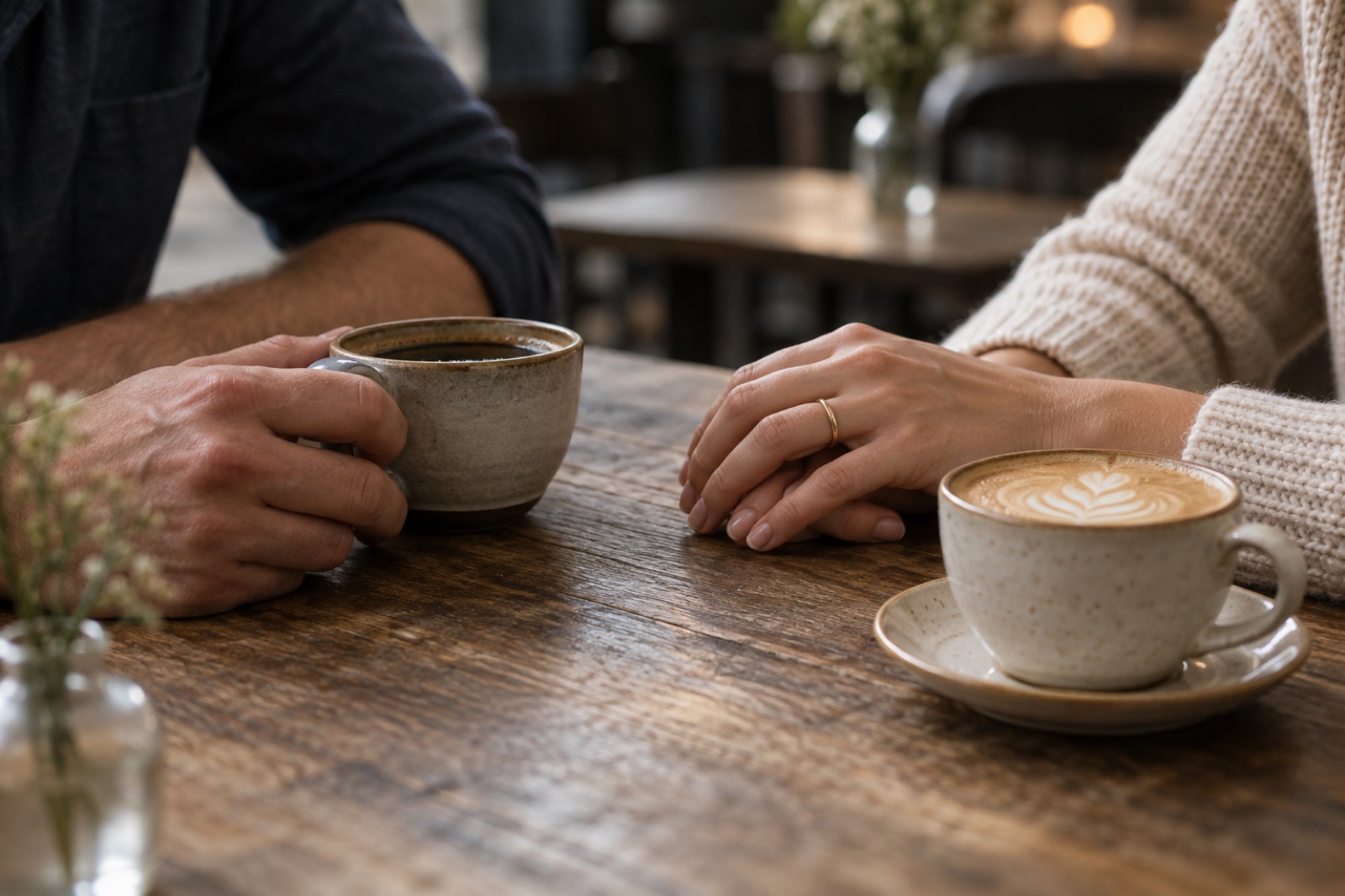 カフェのテーブルでコーヒーを前に向き合う二人の手元