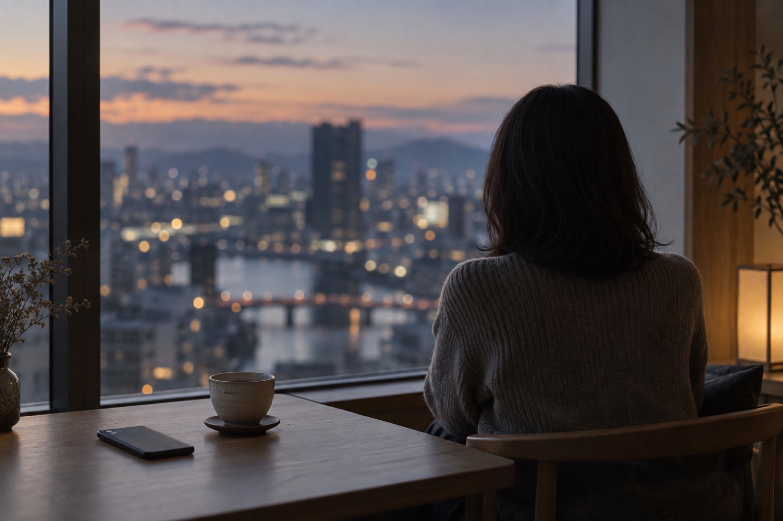 夕暮れの窓辺で、スマートフォンを伏せて置いたまま外を眺める人の後ろ姿