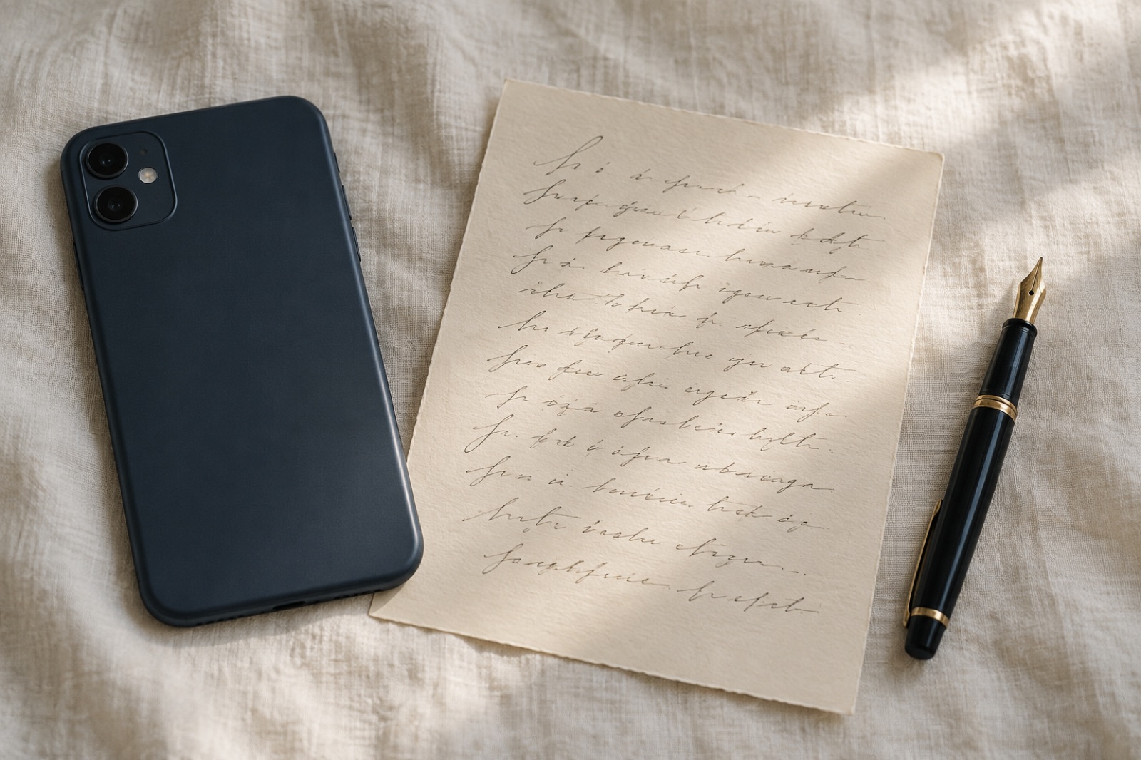 生成りの布の上に伏せたスマートフォンと、手書きの便箋と万年筆