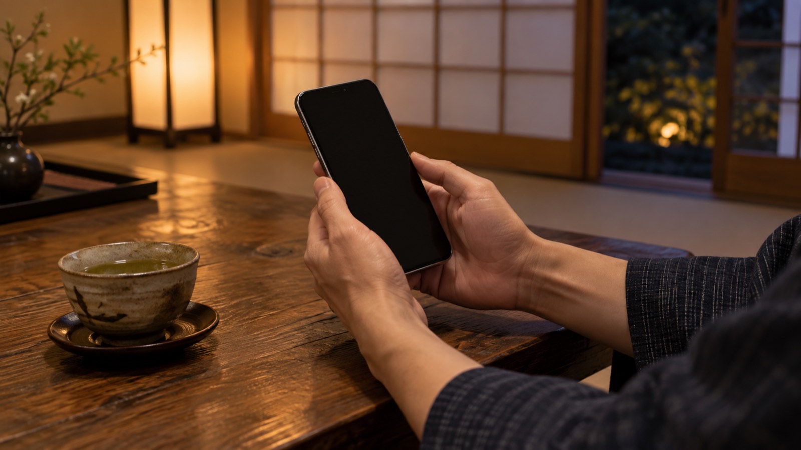和室の座卓でスマートフォンを手にする人の手元と湯のみ
