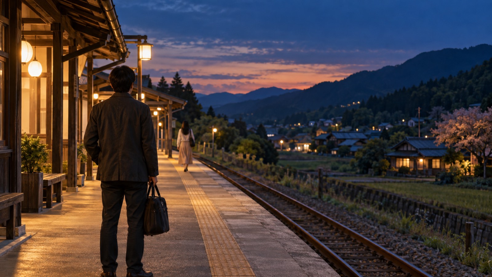 夕暮れの地方駅のホームで、かばんを持って待つ人の後ろ姿