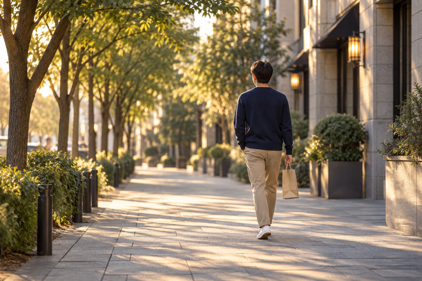 夕方の並木道を、紺のニットとベージュのチノパンで紙袋を提げて歩く男性の後ろ姿