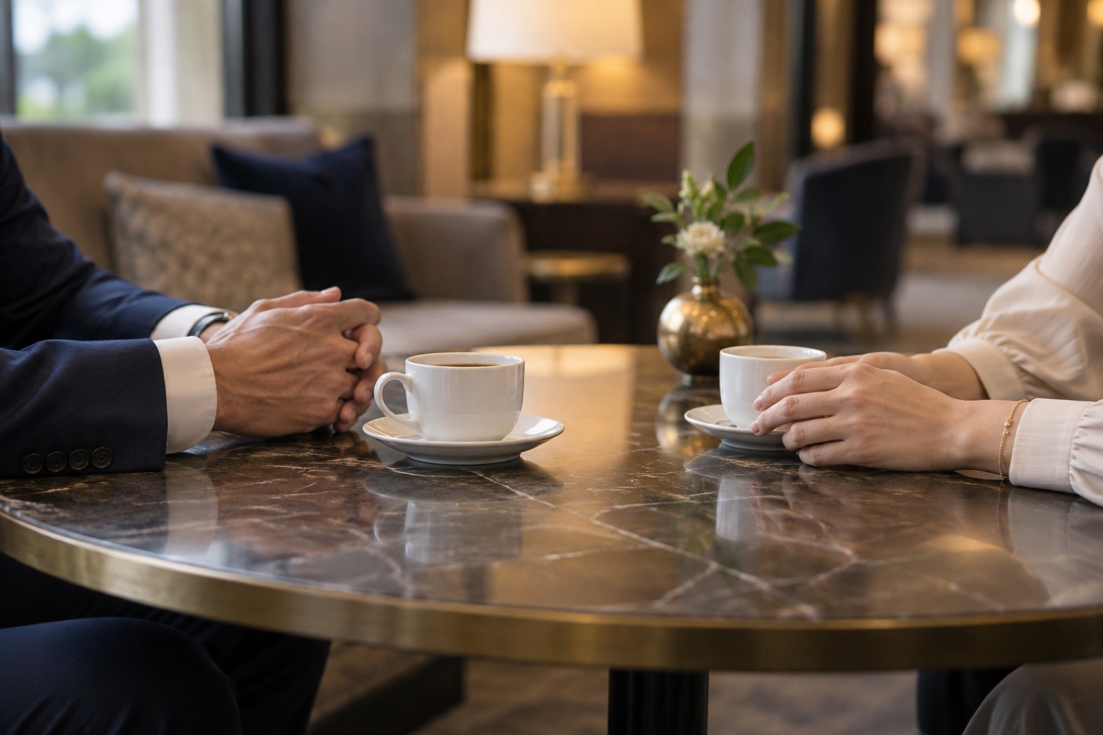 ホテルのラウンジでコーヒーを前に向き合う男女の手元