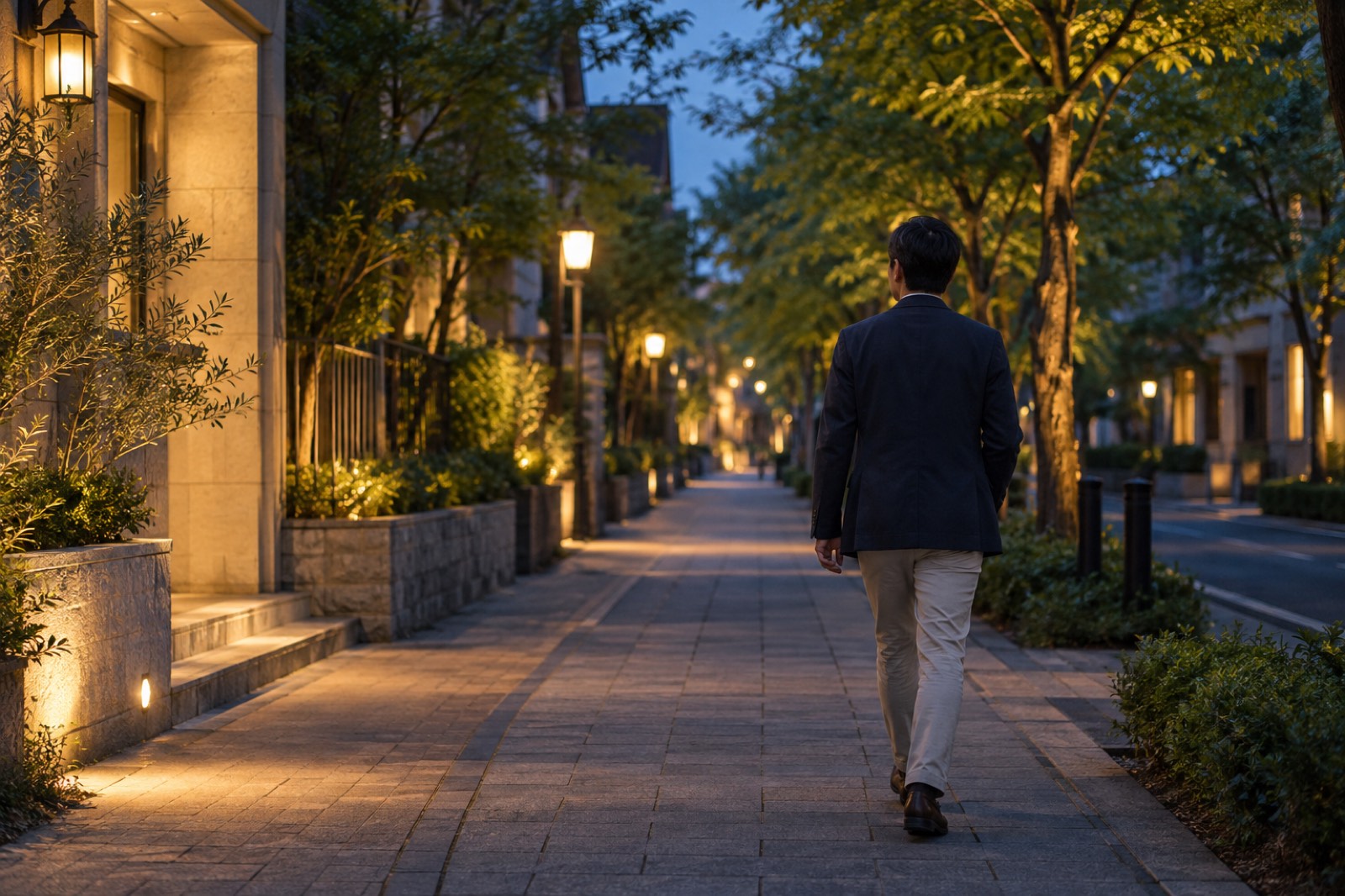 街灯のともる並木道を一人で歩く男性の後ろ姿
