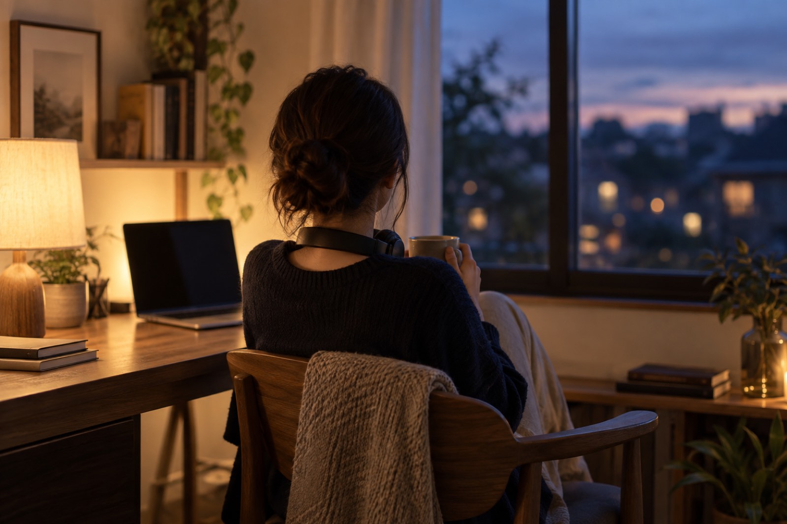 夕方の部屋で、首にヘッドホンをかけ、マグカップを手に窓の外を眺める女性の後ろ姿。机の上のノートパソコンは画面が消えている