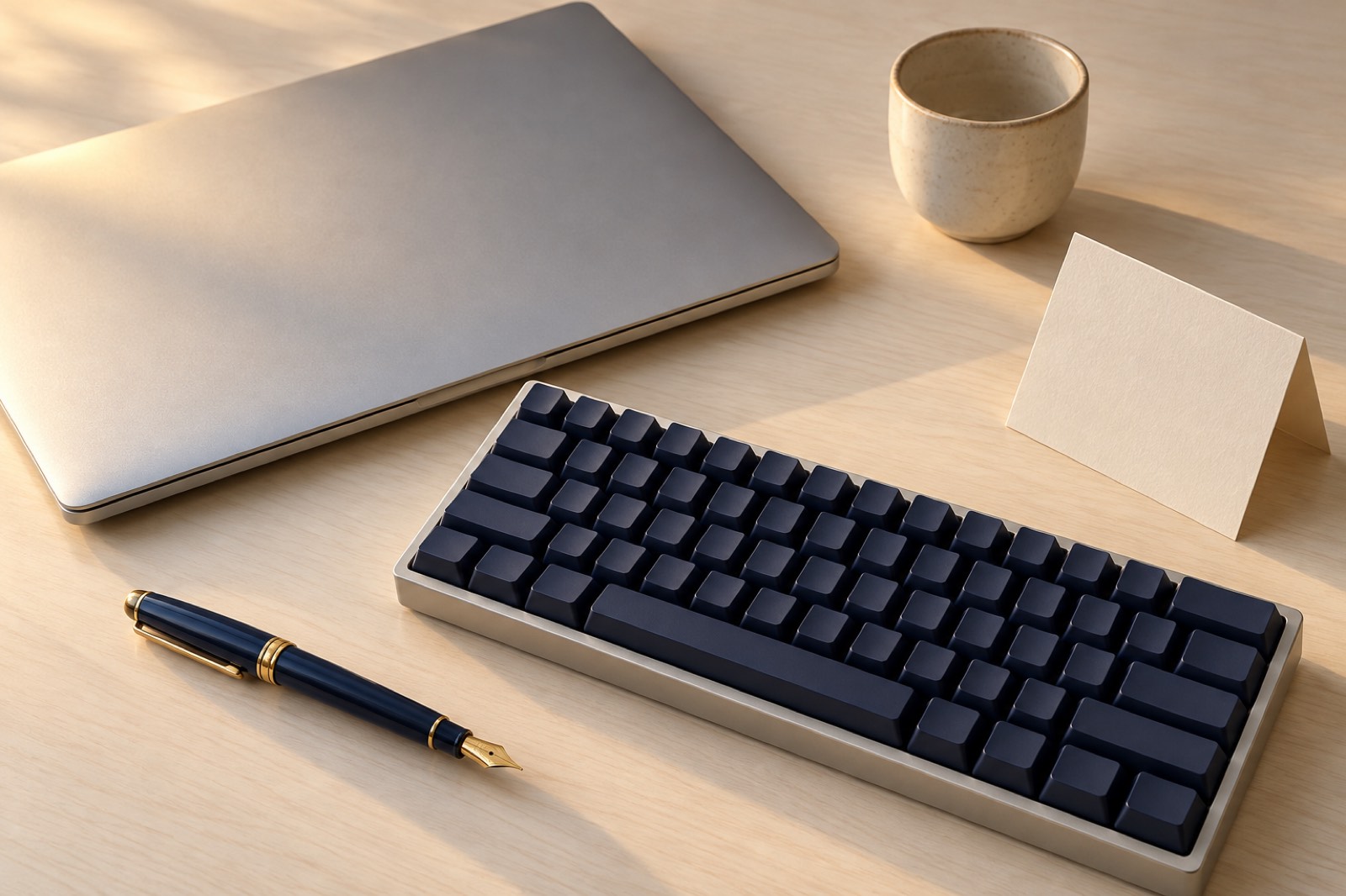 生成りの木の机に、閉じた銀色のノートパソコン、紺のキーボード、万年筆、白いカードと陶器の器