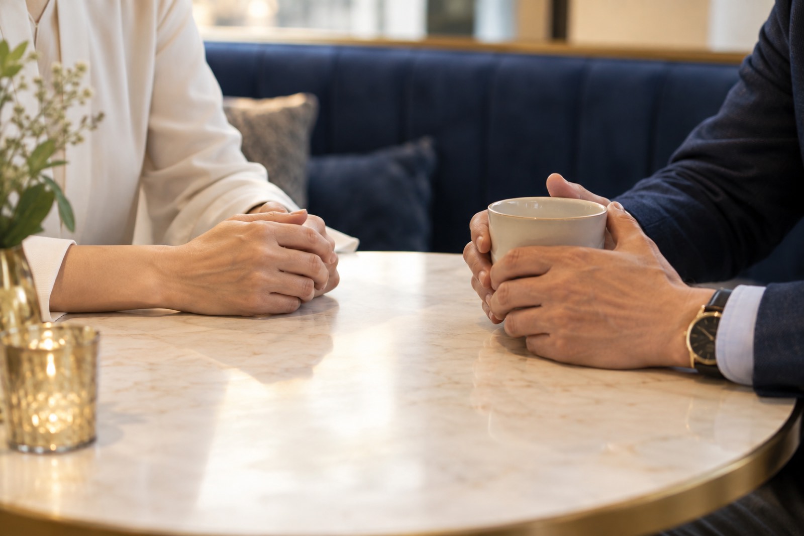 カフェのテーブルで会話する二人の手元