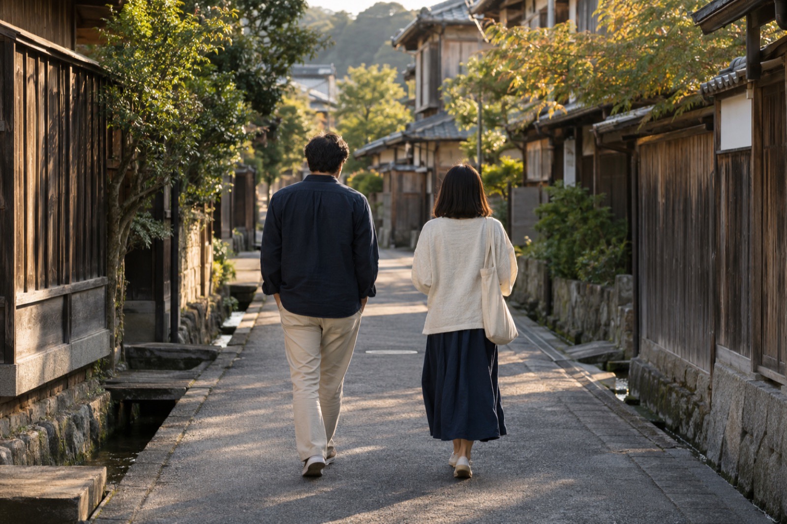 夕方の古い町並みの道を、並んで歩く二人の後ろ姿