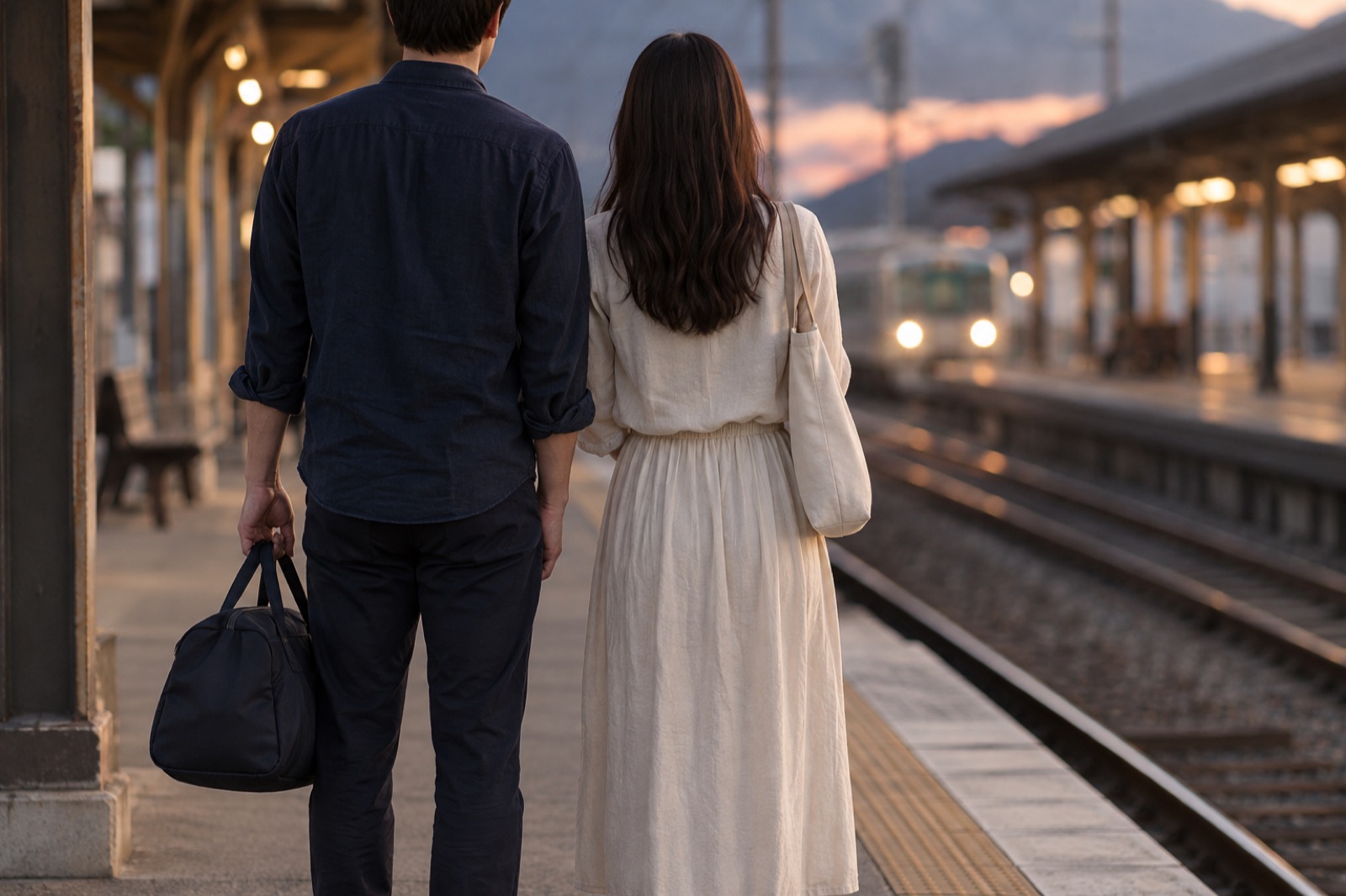 夕方の駅のホームで、小さな鞄を持って並んで立つ二人の後ろ姿