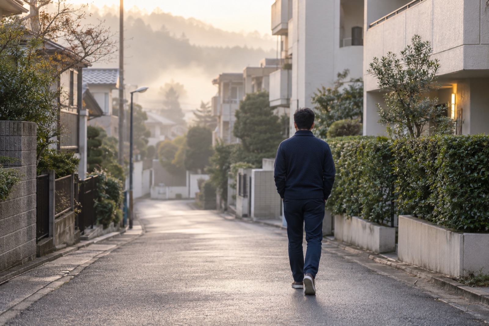 早朝の静かな住宅街の道を、紺の私服で歩く短髪の男性の後ろ姿