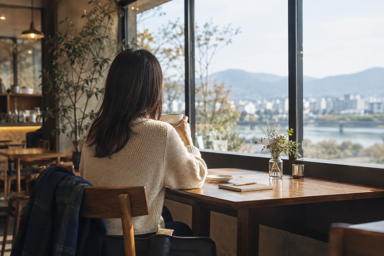 休日の朝、川と山が見えるカフェの窓辺で、アイボリーのニットを着てお茶を飲む女性の後ろ姿