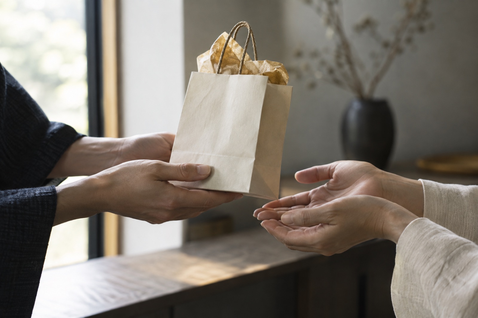小さな紙袋の贈りものを差し出す手と、受け取る手