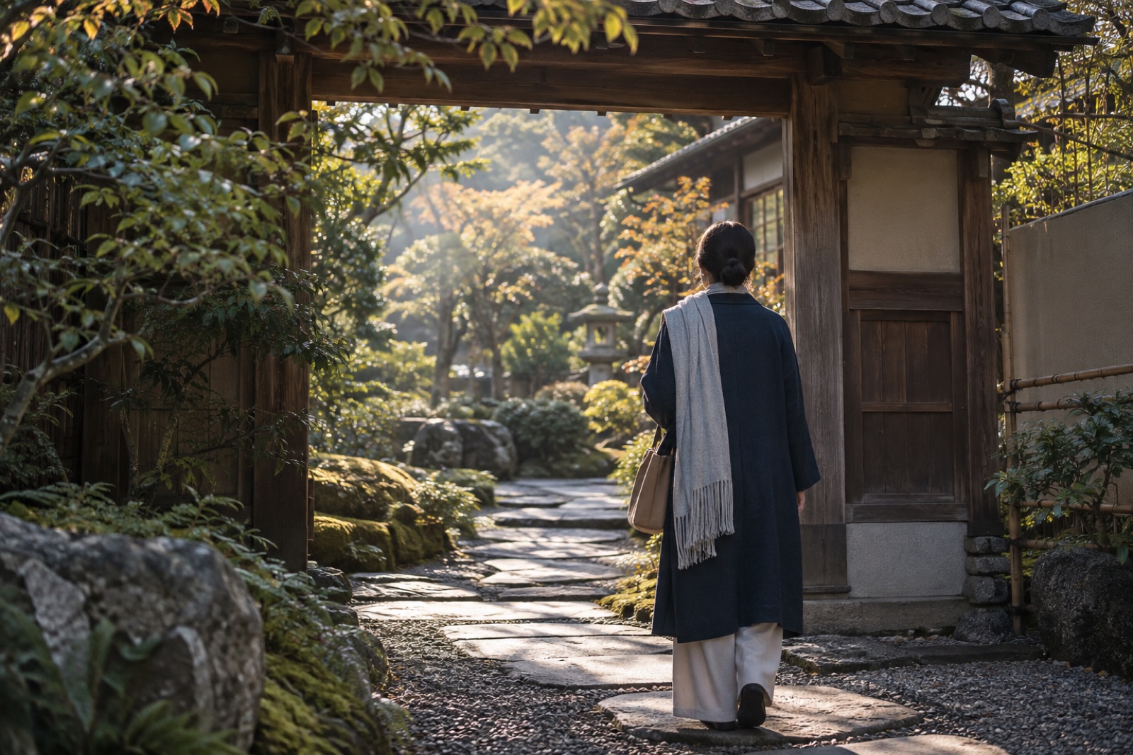朝の庭の小道の入り口に立ち、歩き出そうとする人の後ろ姿