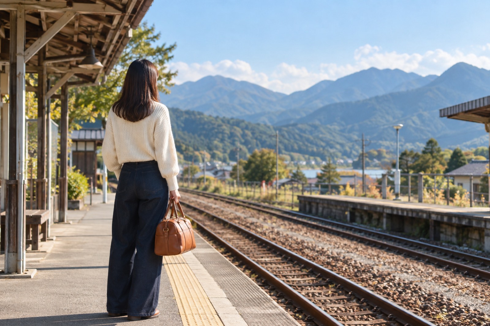 山並みが見える地方の駅のホームで、革のボストンバッグを持って線路の先を眺める女性の後ろ姿