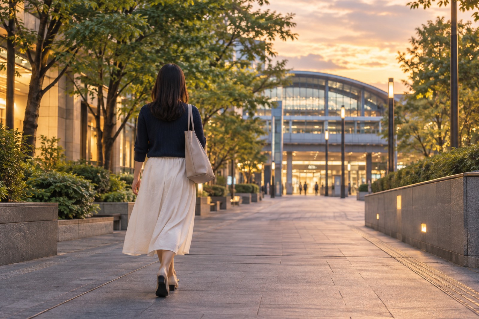 夕暮れの並木道を、トートバッグを持って駅へ向かって歩く紺のニットの女性の後ろ姿