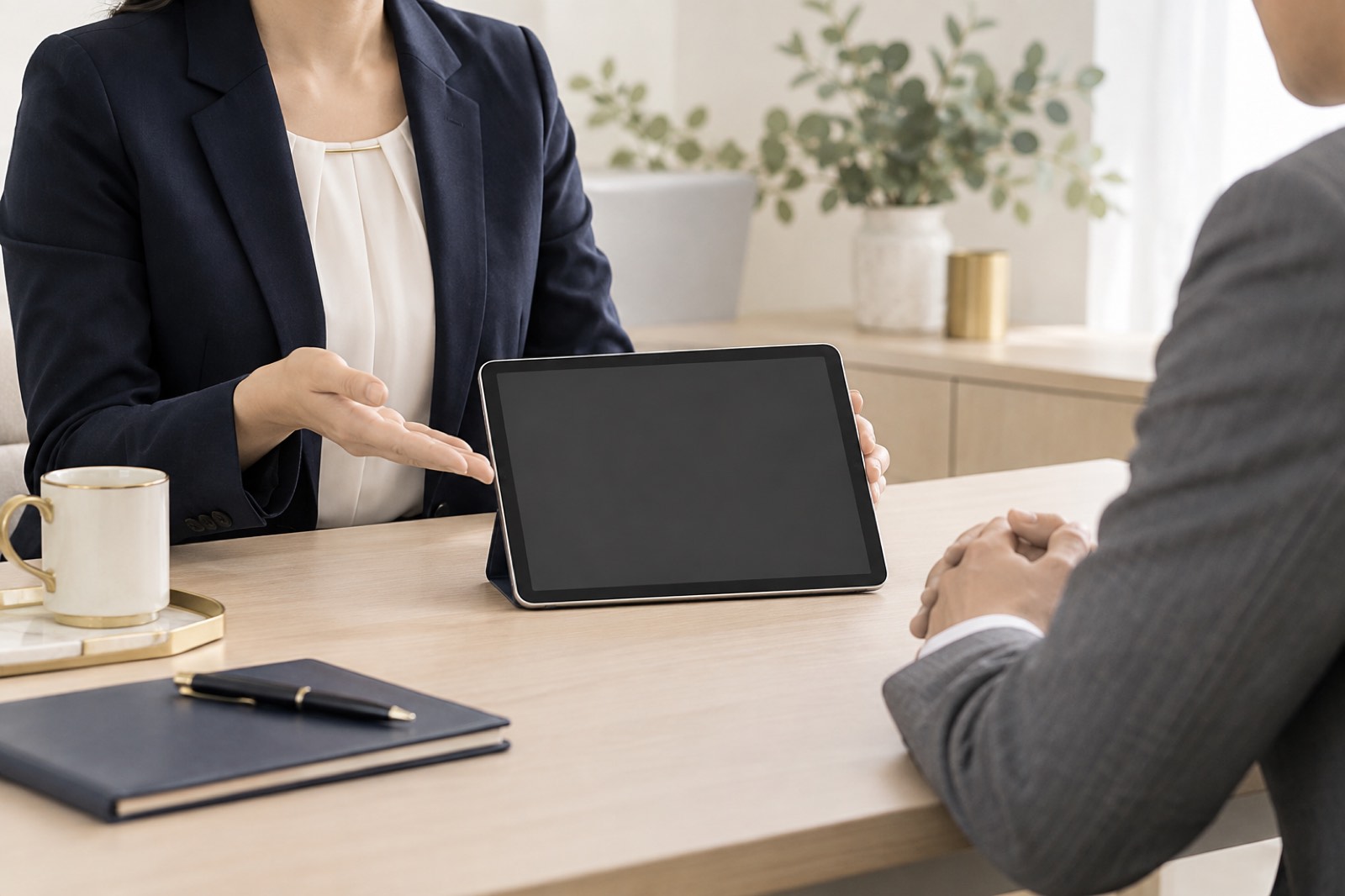 明るい相談室で、紺のジャケットのカウンセラーが机のタブレットを示しながら、手を組んで座るグレーのスーツの男性と話している様子
