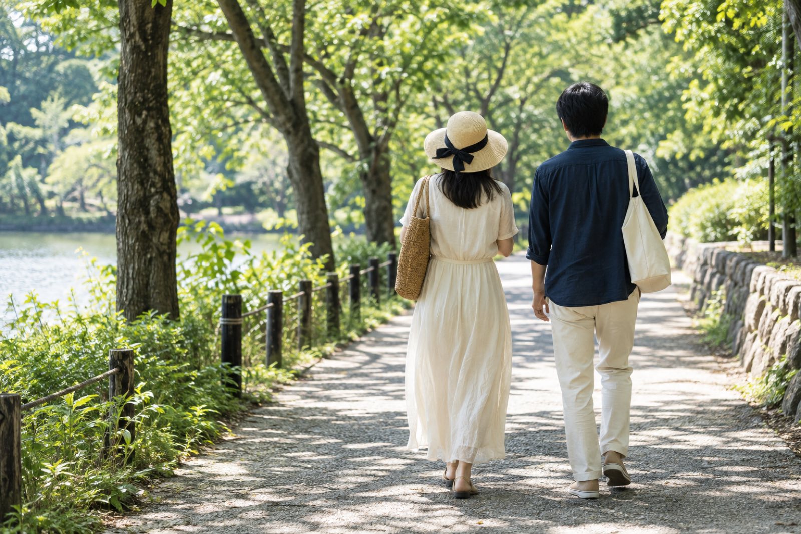 夏の並木道を、並んでゆっくり歩く男女の後ろ姿