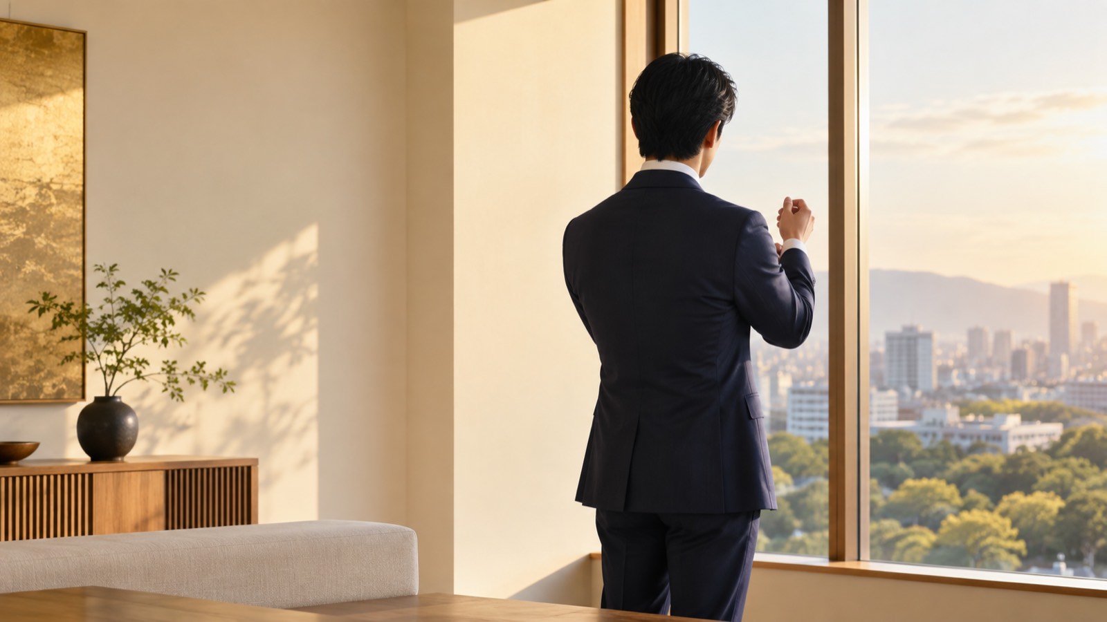 窓辺でジャケットの袖口を整える男性の後ろ姿