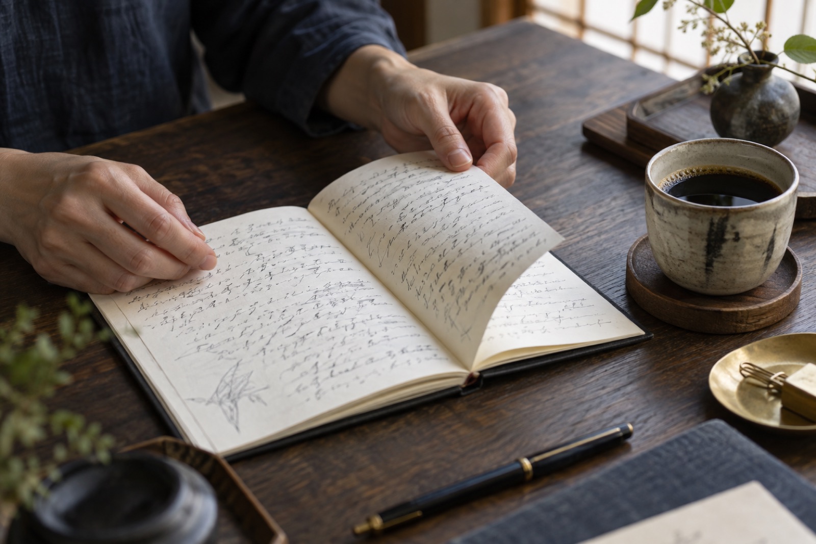 手書きのメモで埋まったノートのページをめくる手元とコーヒー
