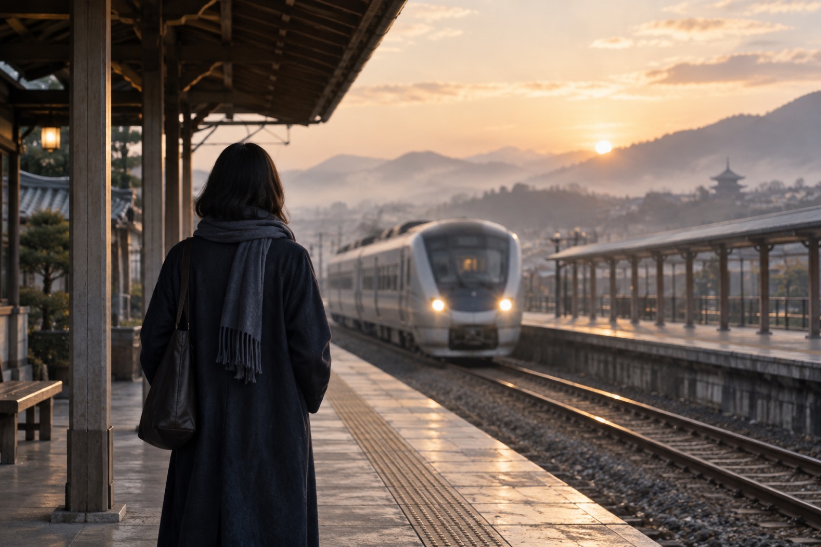 夜明けの静かな駅のホームで、入ってくる列車を待つ人の後ろ姿