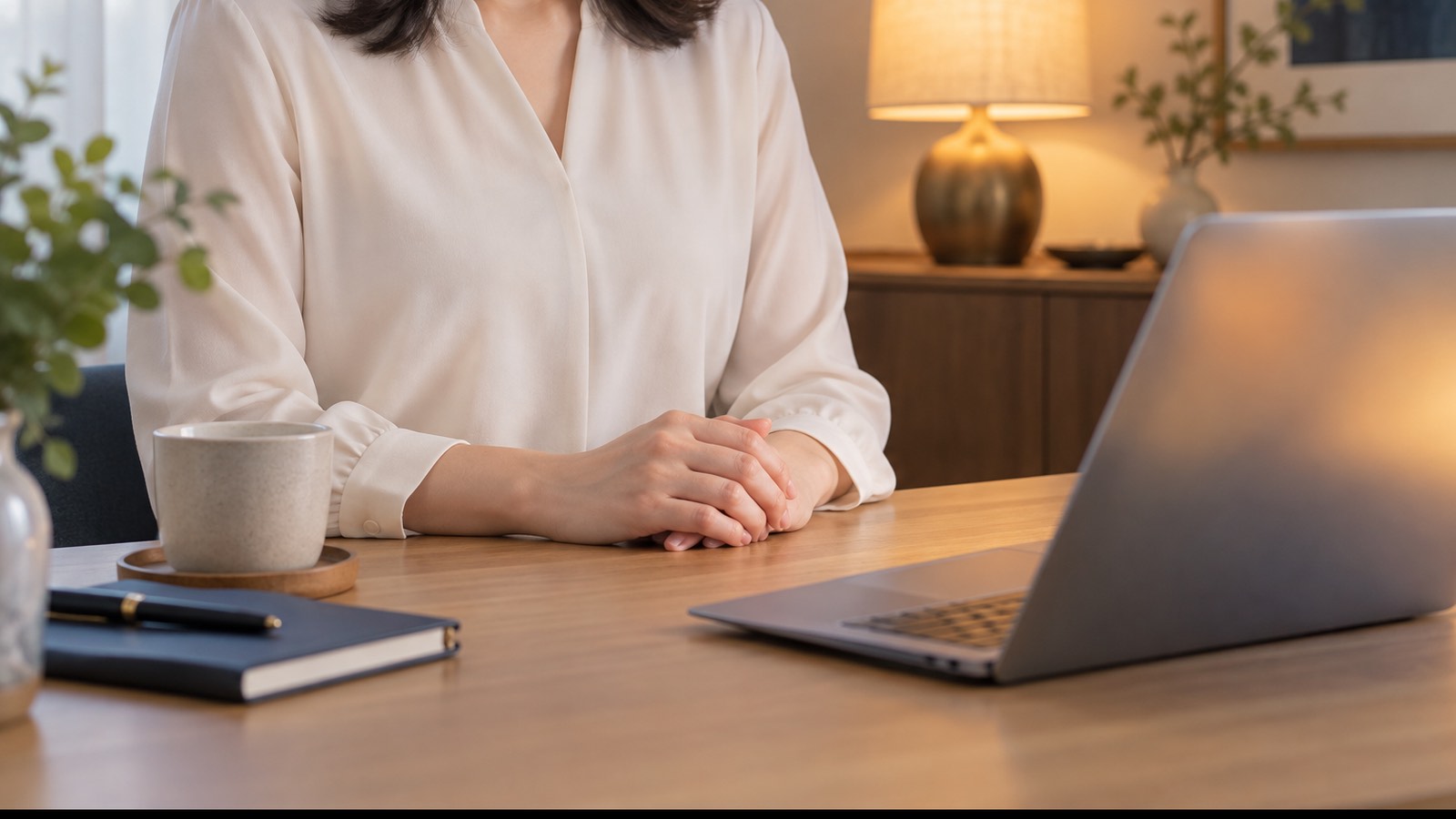 生成りのブラウスを着た女性が、ノートパソコンの前で手を重ねている手元