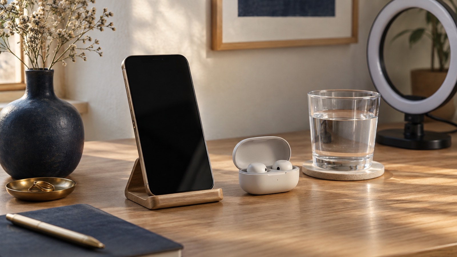 机の上に置かれたスマートフォンスタンドとイヤホン、水の入ったグラス