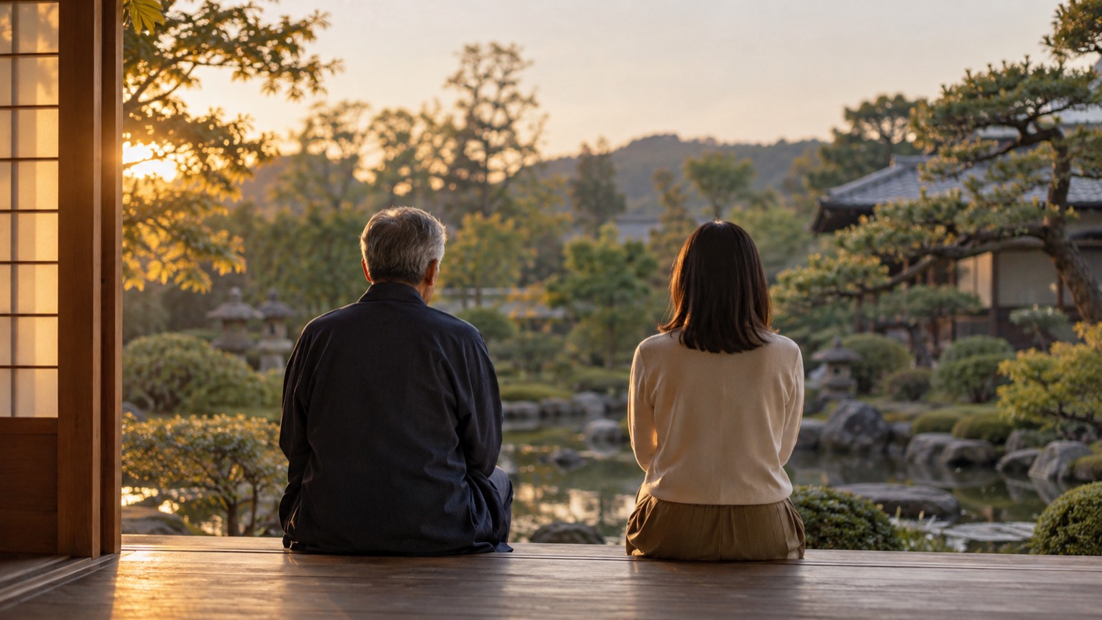 夕暮れの縁側に並んで座り、庭を眺める親と成人した子の後ろ姿