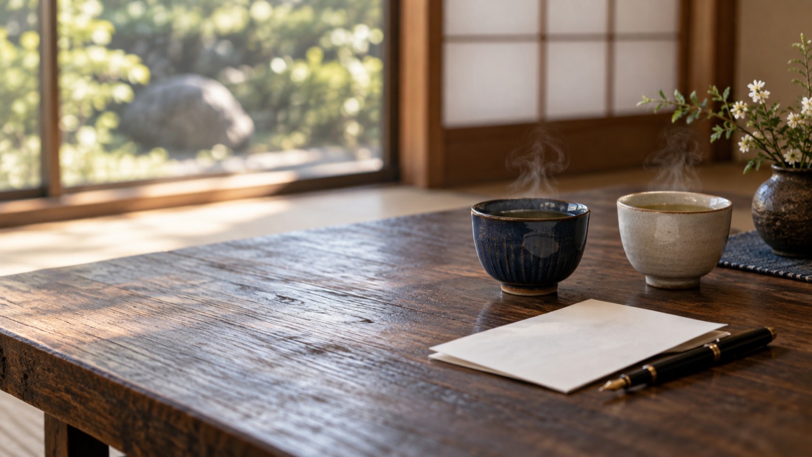 藍と生成りの湯呑みと、便箋と万年筆が置かれた座卓