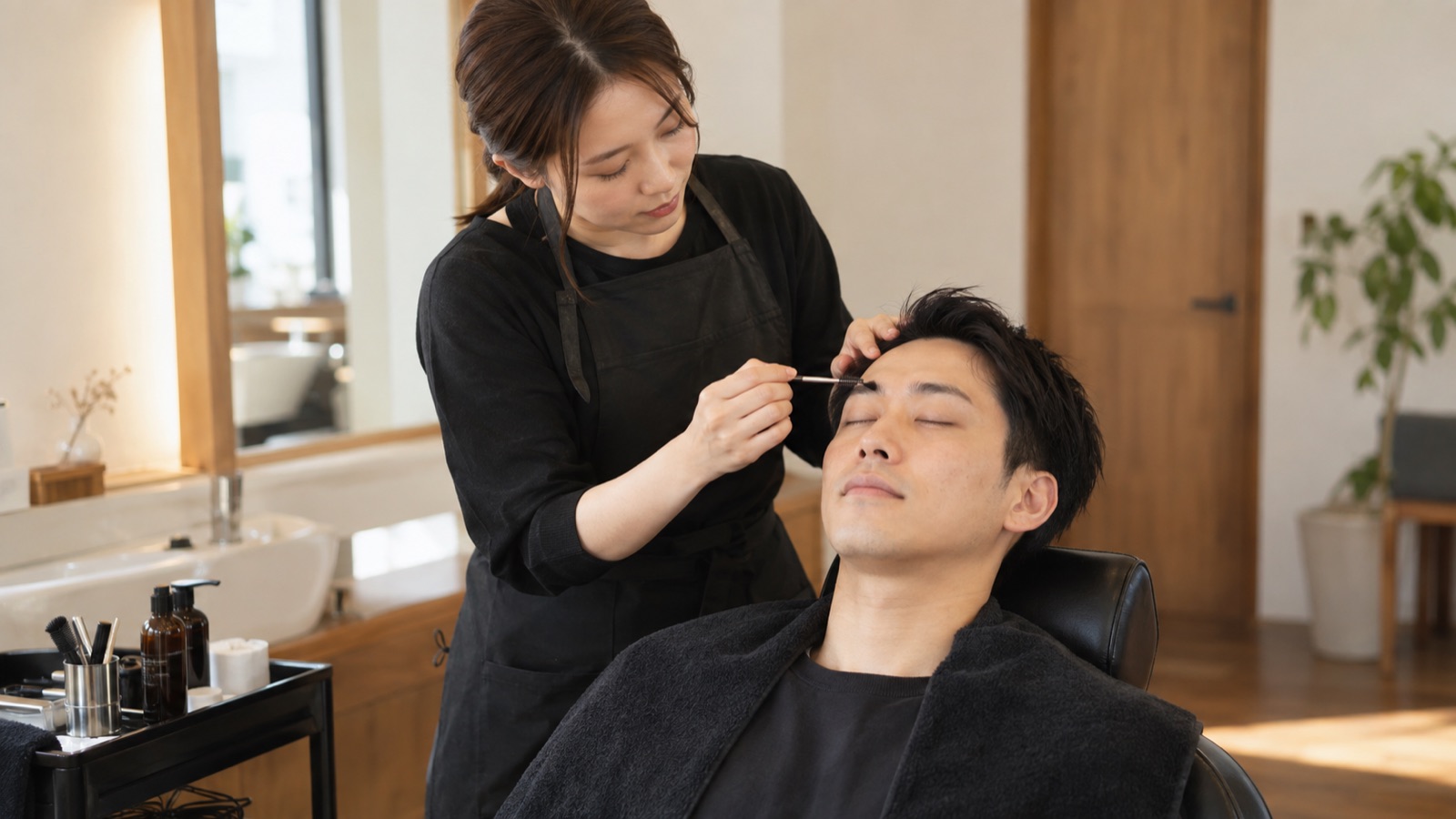 サロンで眉を整えてもらう男性