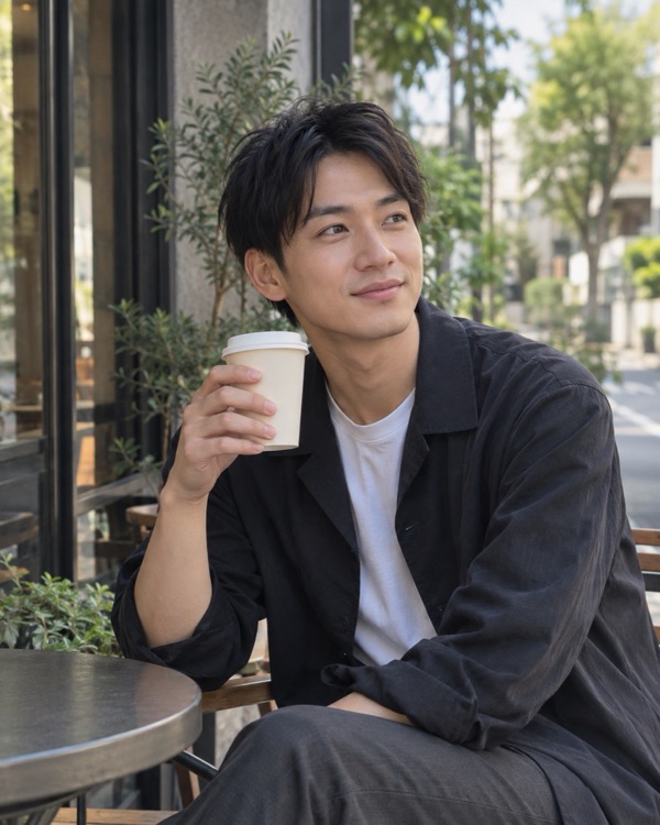 カフェのテラスでコーヒーを持つ男性