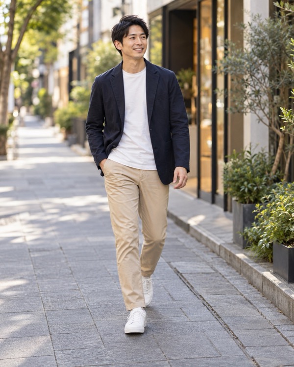 紺のジャケットで街を歩く男性の全身