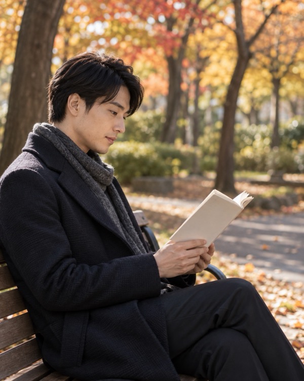 公園のベンチで本を読む男性の横顔