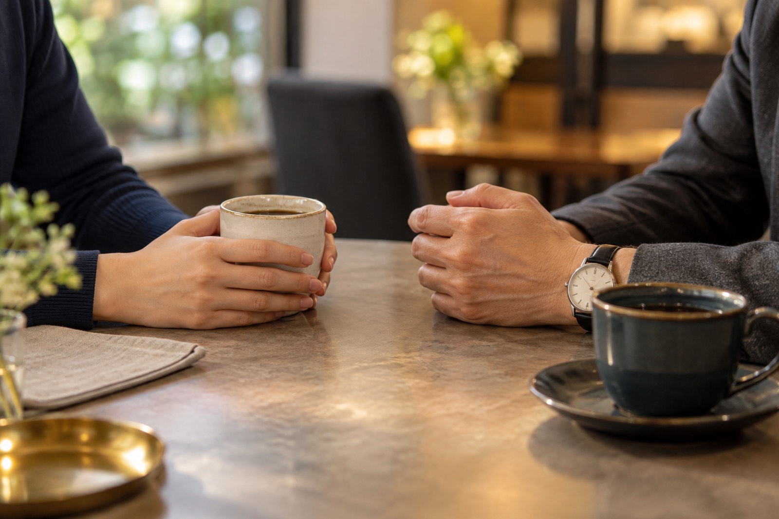 カフェのテーブルでコーヒーを前に向き合う二人の手元