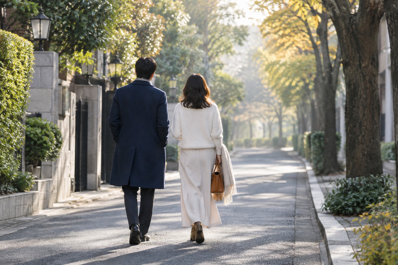 並木道を並んで歩く大人の男女の後ろ姿