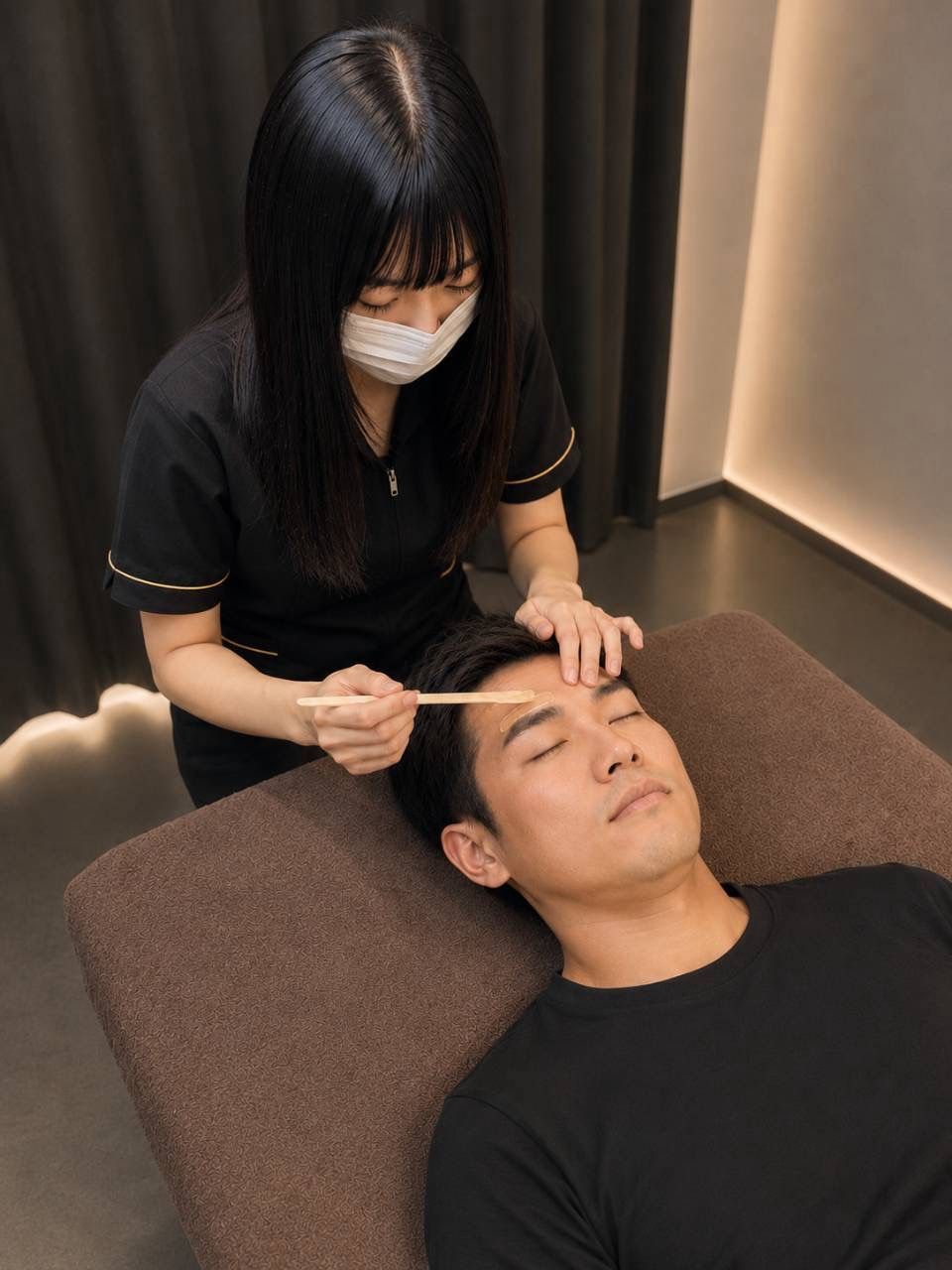 Winsomeのスタイリストが男性のお客様の眉毛を施術している様子