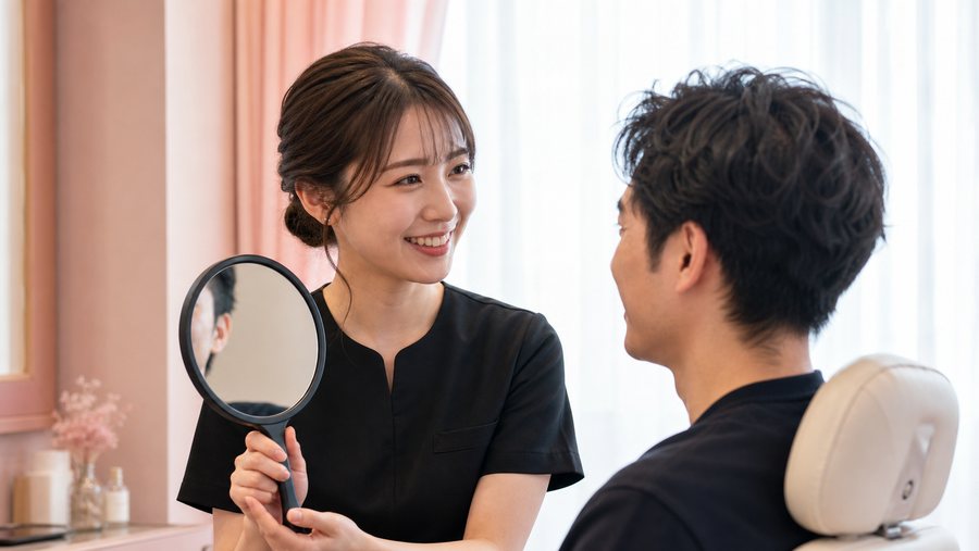 カウンセリングで男性客と向き合うスタッフ