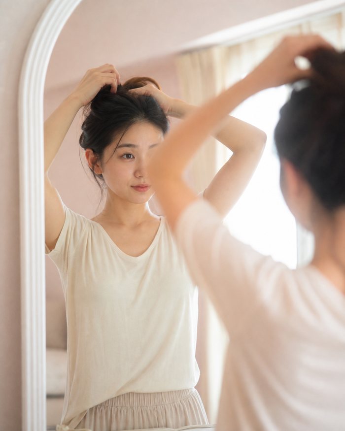 朝の光の中で髪をまとめる